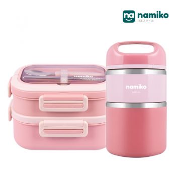 [Shibuya Set D] Namiko กล่องอาหาร 2 ชั้น พร้อมกระติกสเตนเลสเก็บอุณหภูมิ 2 ชั้น Food Grade - Pink