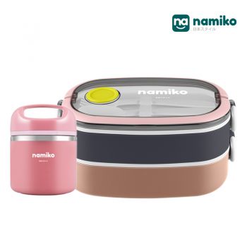 [Ohyama SET E]  Namiko กล่องอาหารพร้อมช้อนส้อม 2 ชั้นพร้อมกระติกสเตนเลส Food Grade - Pink