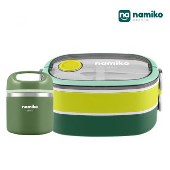 [Ohyama SET E] Namiko กล่องอาหารพร้อมช้อนส้อม 2 ชั้นพร้อมกระติกสเตนเลสFood Grade - Green