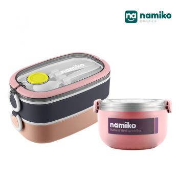 [Duo SET A] Namiko กล่องอาหารสเตนเลส 2 ชั้น พร้อมช้อนส้อม พร้อมกล่องอาหารสไตล์เกาหลี Food Grade - Pink