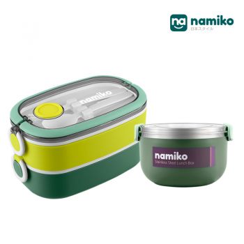[Duo SET A] Namiko กล่องอาหารสเตนเลส 2 ชั้น พร้อมช้อนส้อม พร้อมกล่องอาหารสไตล์เกาหลี Food Grade -Green