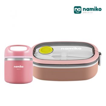 [Ohyama SET D] Namiko กล่องอาหารพร้อมช้อนส้อมพร้อมกระติกสเตนเลส Food Grade - Pink