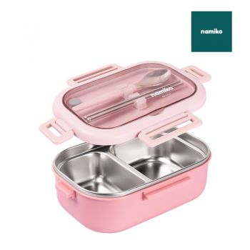 Namiko กล่องอาหารสเตนเลสฝาล็อก พร้อมช้อนและตะเกียบ 850 ml. (ไม่เป็นสนิม) รุ่น  #6714 - Pink