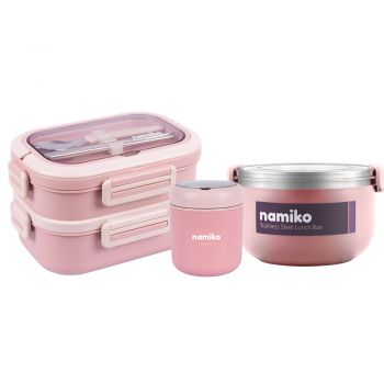 [Harajuku SetA] Namiko กล่องอาหารสไตล์เกาหลีและกล่อง 2 ชั้น พร้อมถ้วยซุปสเตนเลส Food Grade - Pink