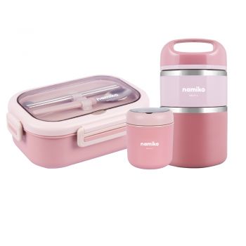 [Harajuku SetB] Namiko กระติกเก็บอุณภูมิและกล่องอาหารพร้อมถ้วยซุปสเตนเลส Food Grade - Pink