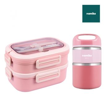 [Shibuya Set B] Namiko กล่องอาหารพร้อมกระติกสเตนเลสเก็บอุณหภูมิ 2 ชั้น Food Grade  - Pink