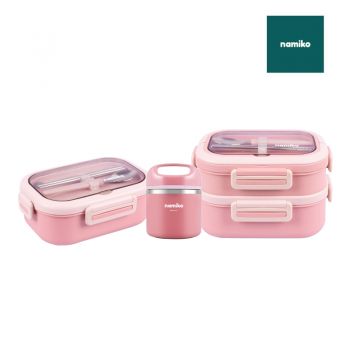 [Shibuya Set A] Namiko กล่องอาหารสไตล์เกาหลีและกล่องอาหาร 2 ชั้นพร้อมกระติกสเตนเลสเก็บอุณหภูมิ Food Grade - Pink