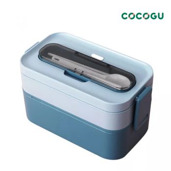 [เข้าไมโครเวฟได้] COCOGU กล่องอาหารพร้อมช้อนและตะเกียบ 2 ชั้น 1,700ml รุ่น 6694 - blue