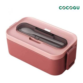[เข้าไมโครเวฟได้] COCOGU กล่องอาหารพร้อมช้อนและตะเกียบ 2 ชั้น 1,700ml รุ่น 6694 - red