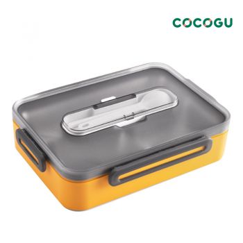 [อุ่นอาหารได้] COCOGU กล่องอาหารพลาสติกพร้อมช้อนและตะเกียบ 850ml รุ่น 6677A - white