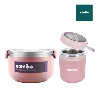 [Ueno Set D] Namiko กล่องอาหารสไตล์เกาหลีพร้อมพร้อมถ้วยซุปสเตนเลส Food Grade - Pink