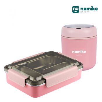 [Nursery set B] Namiko กล่องอาหารสเตนเลส 3 ช่อง 1100ml และถ้วยซุป  Food Grade - Pink